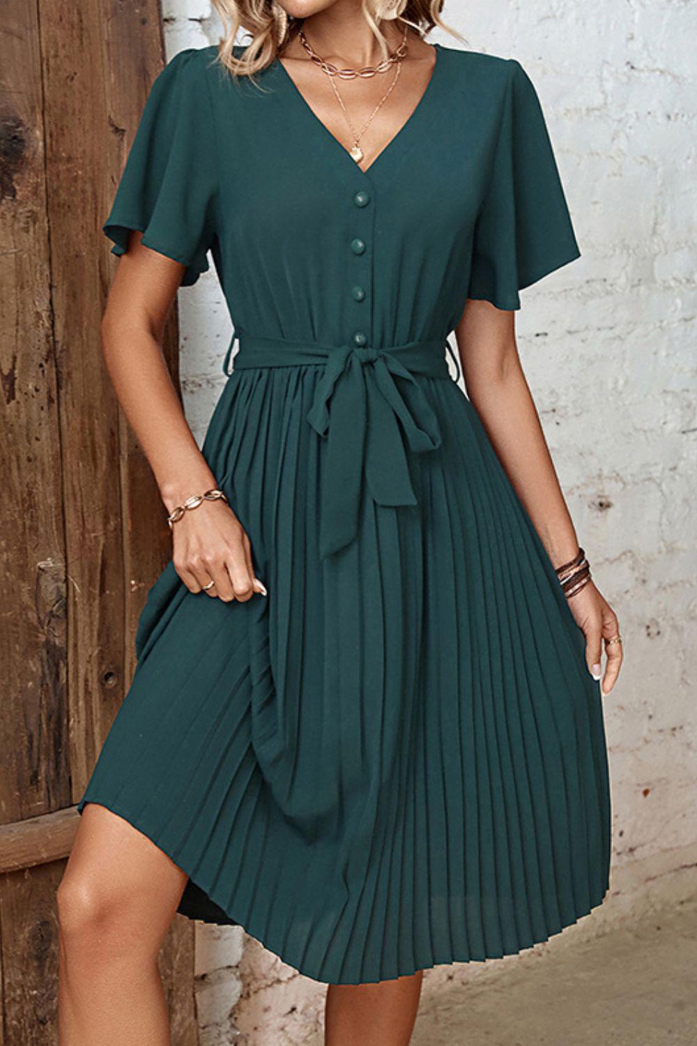 Buttoned V-Neck Flutter Sleeve Pleated Dress BLUE ZONE PLANET