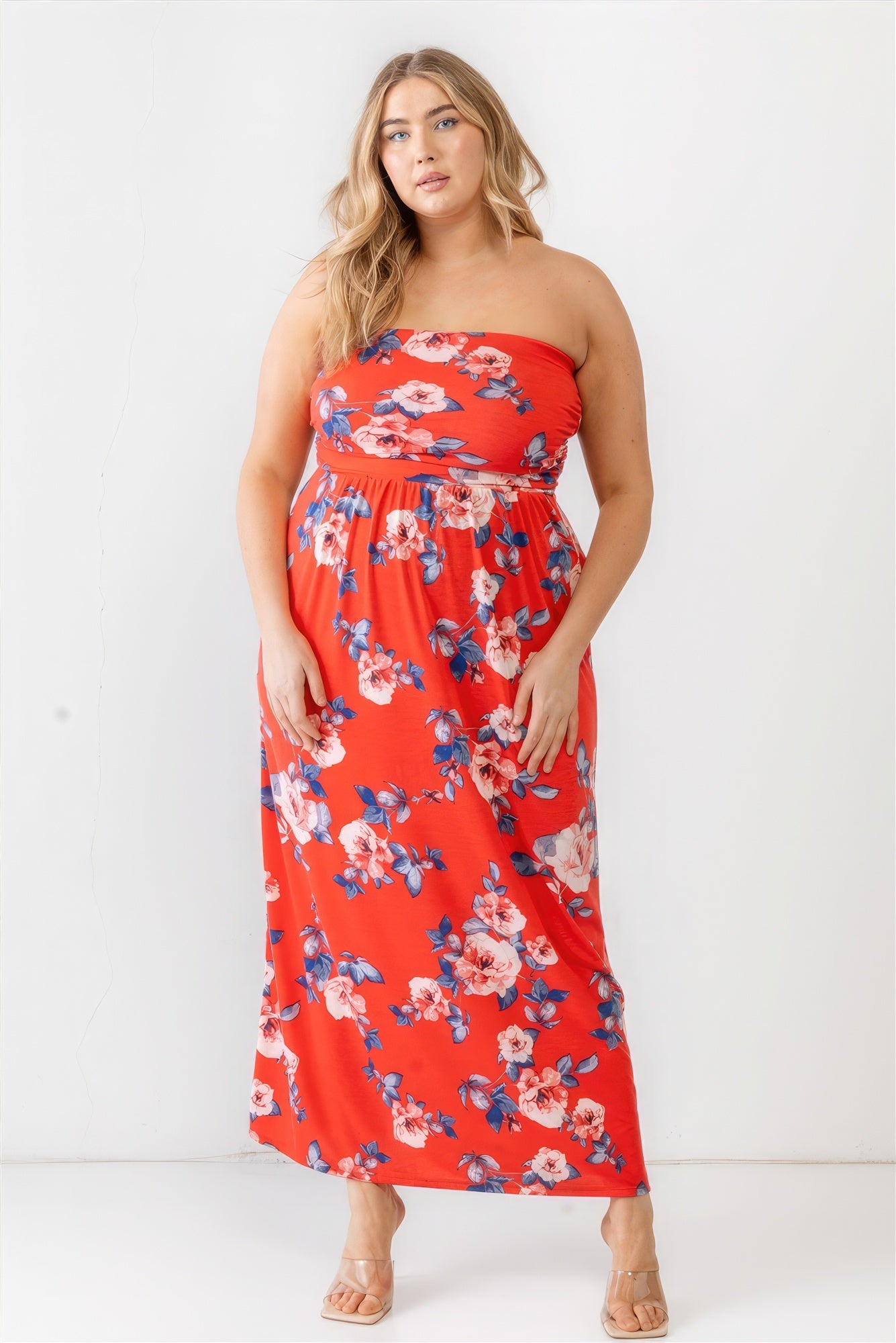 Blue Zone Planet |  Evelyn's Red Rose Print Ruched Strapless Midi Dress Blue Zone Planet