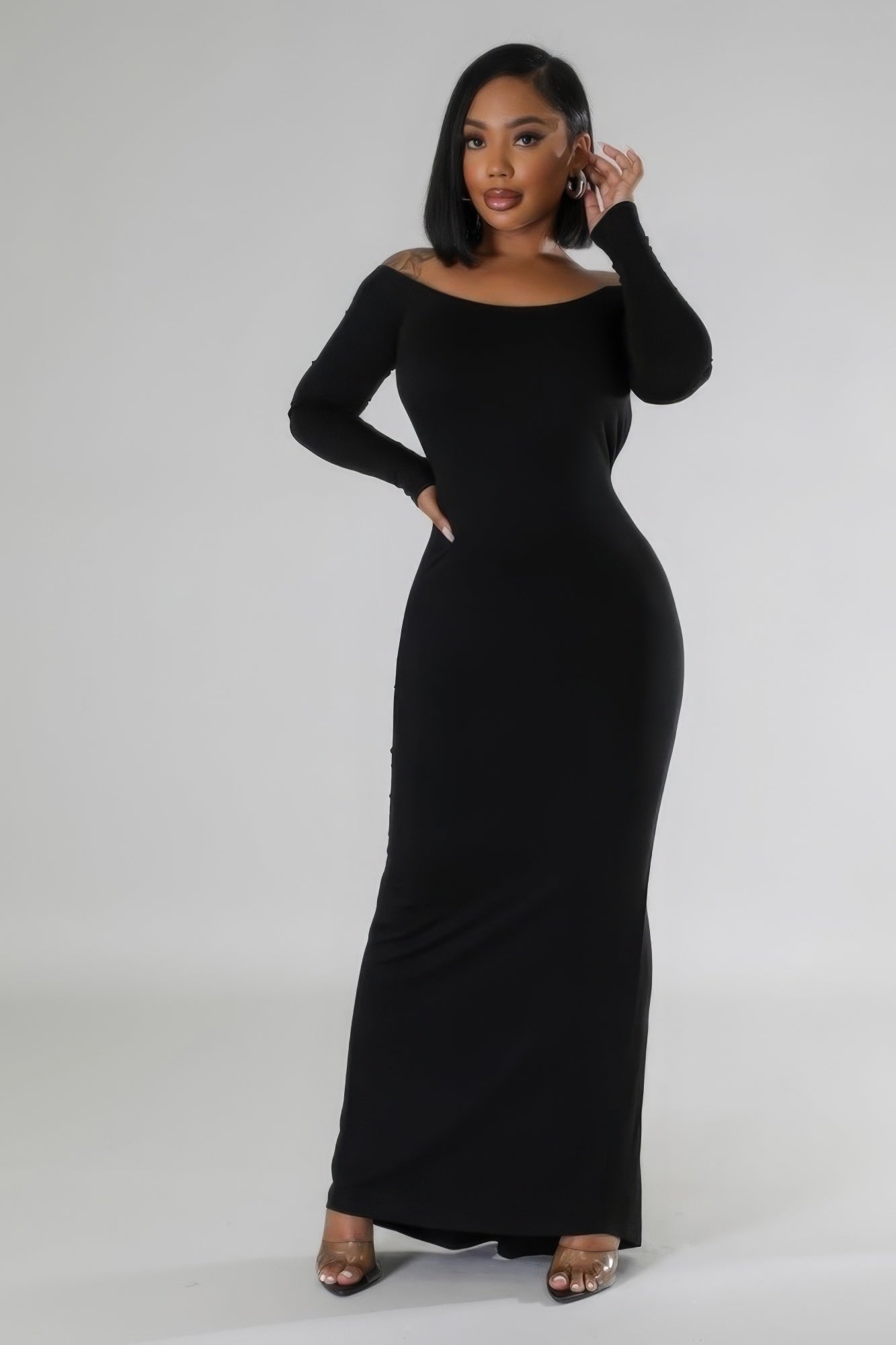 Ava's Long Sleeves Backless Ruched Bodycon Stretch Floor-Length Dress Blue Zone Planet