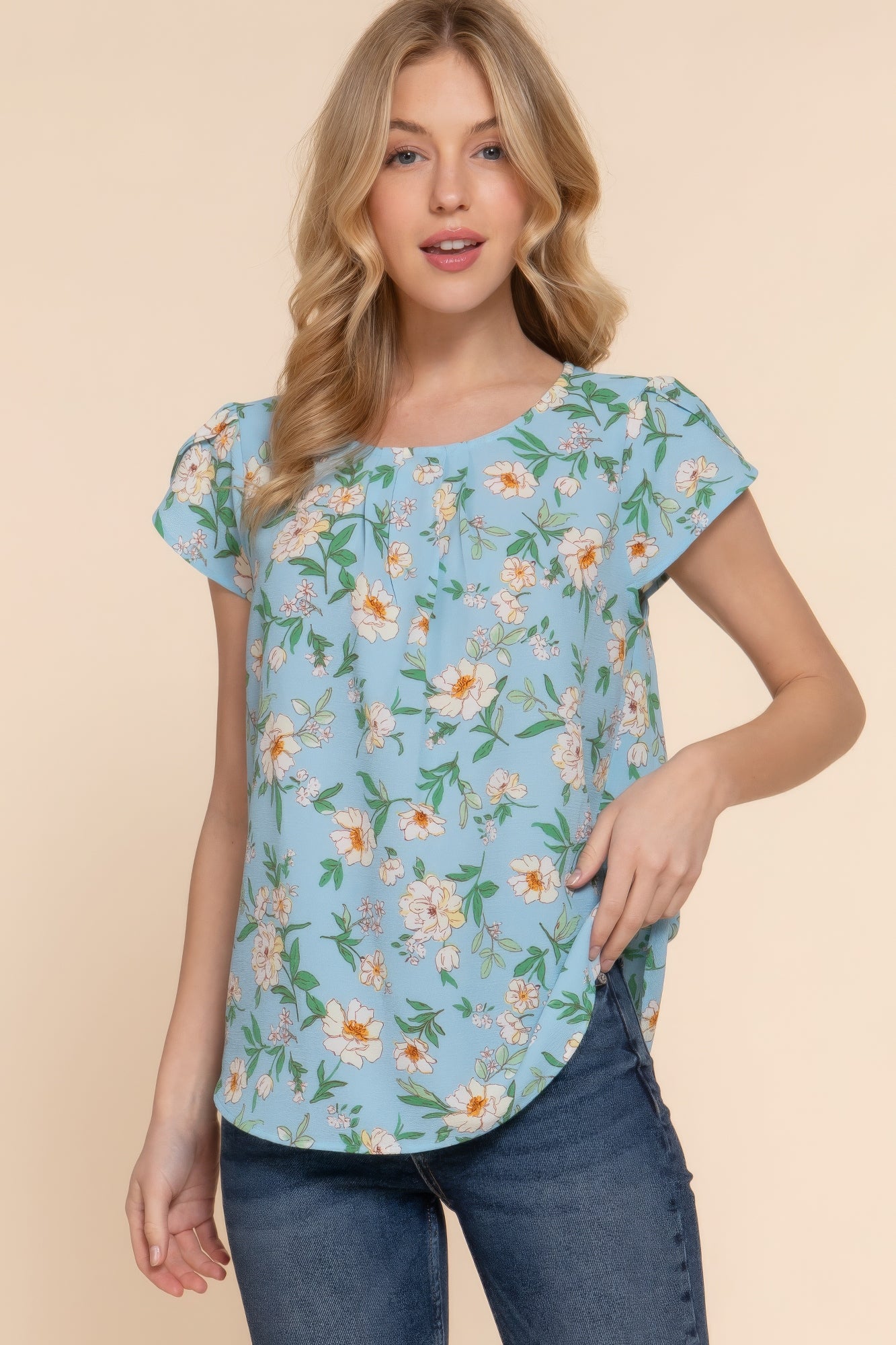 Short Tulip Sleeve Floral Print Woven Top Blue Zone Planet