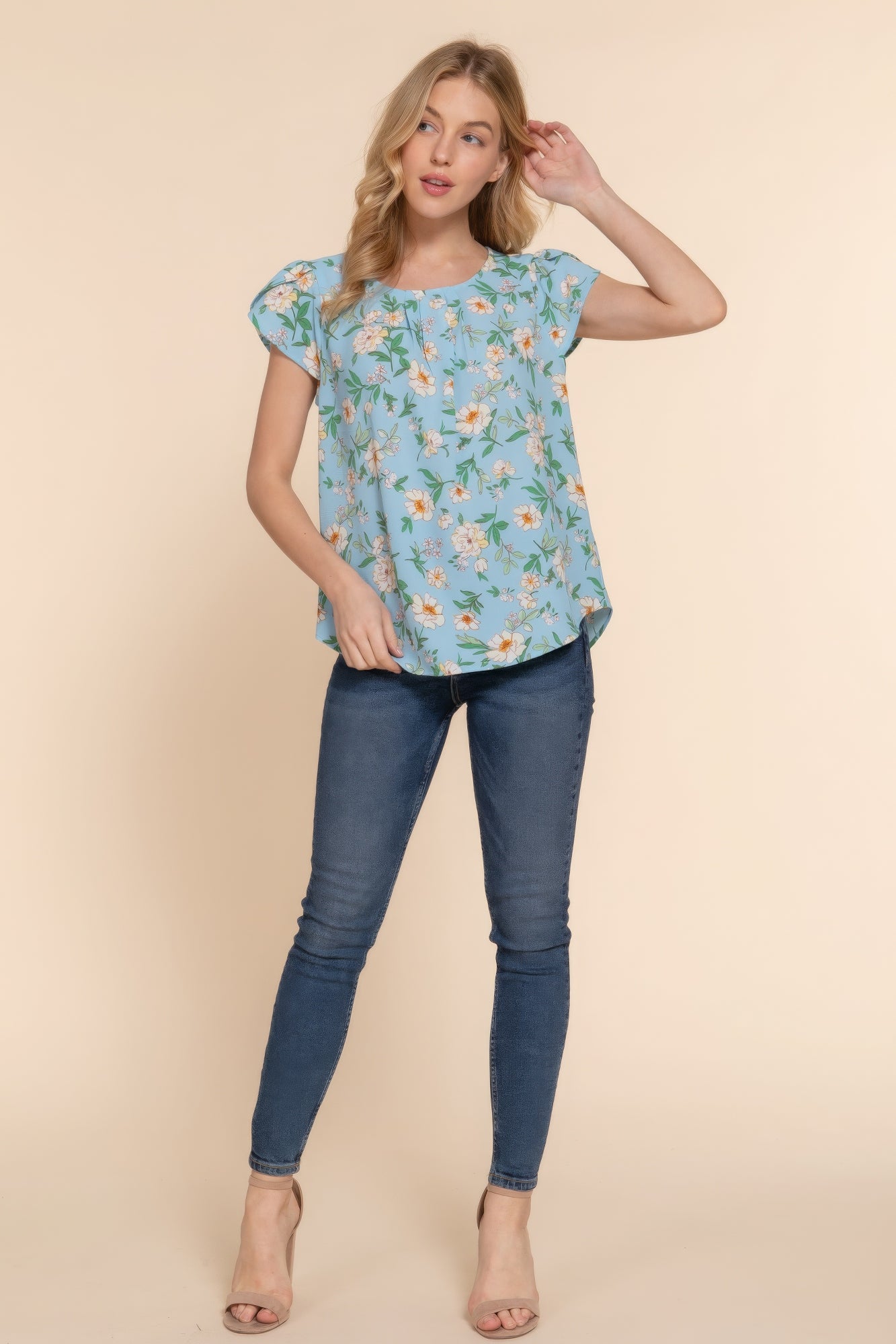 Short Tulip Sleeve Floral Print Woven Top Blue Zone Planet