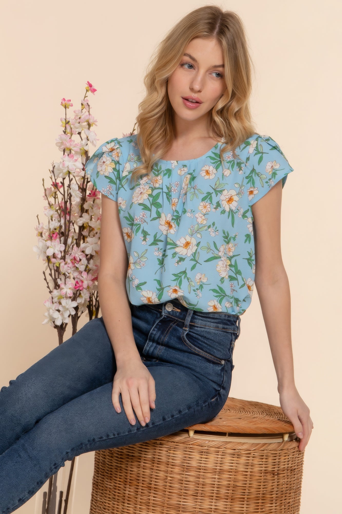 Short Tulip Sleeve Floral Print Woven Top Blue Zone Planet