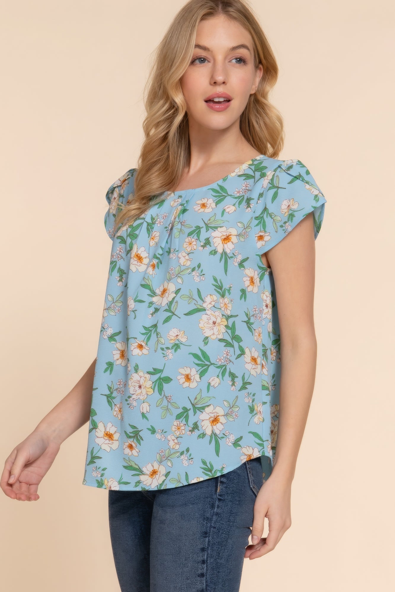 Short Tulip Sleeve Floral Print Woven Top Blue Zone Planet