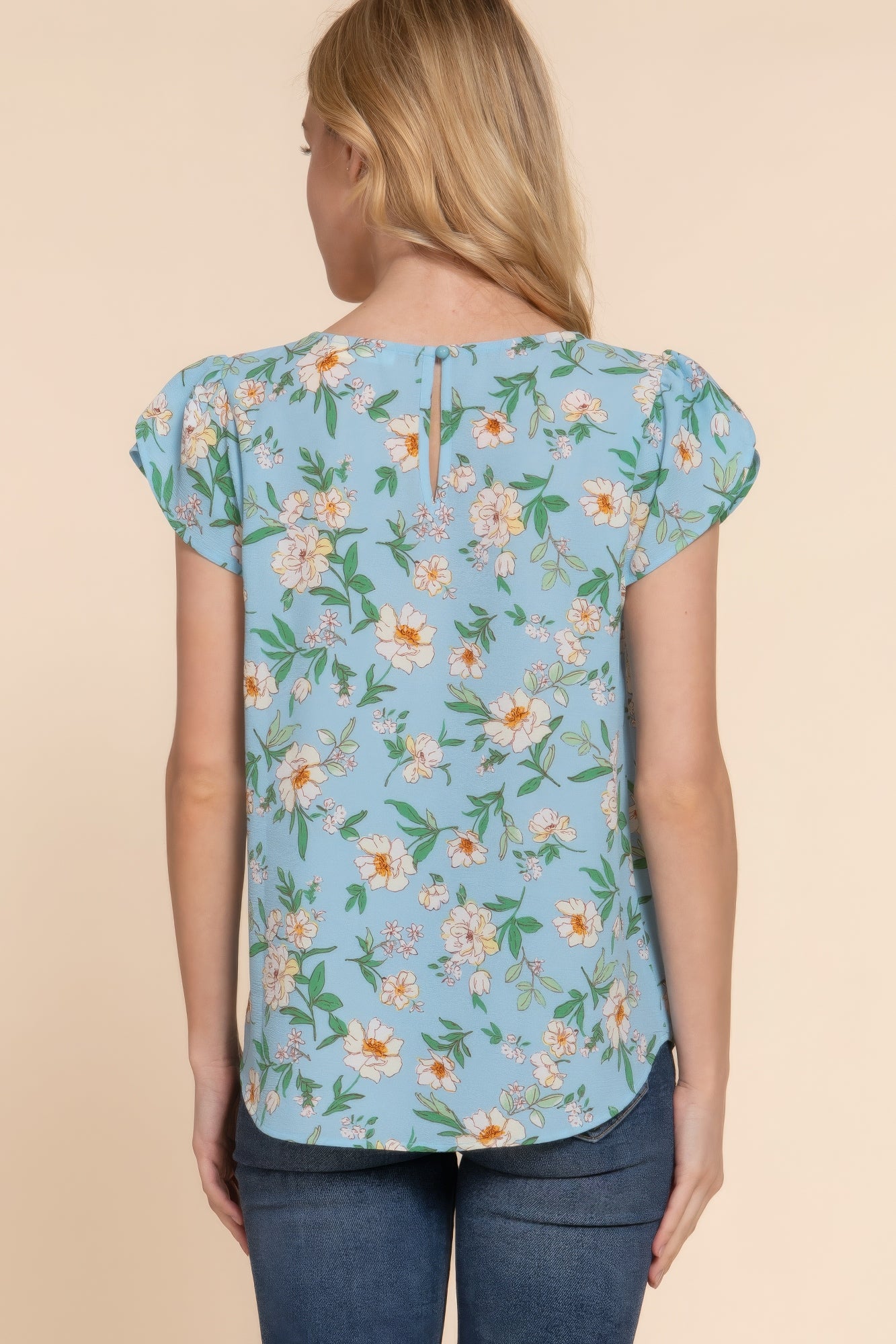 Short Tulip Sleeve Floral Print Woven Top Blue Zone Planet