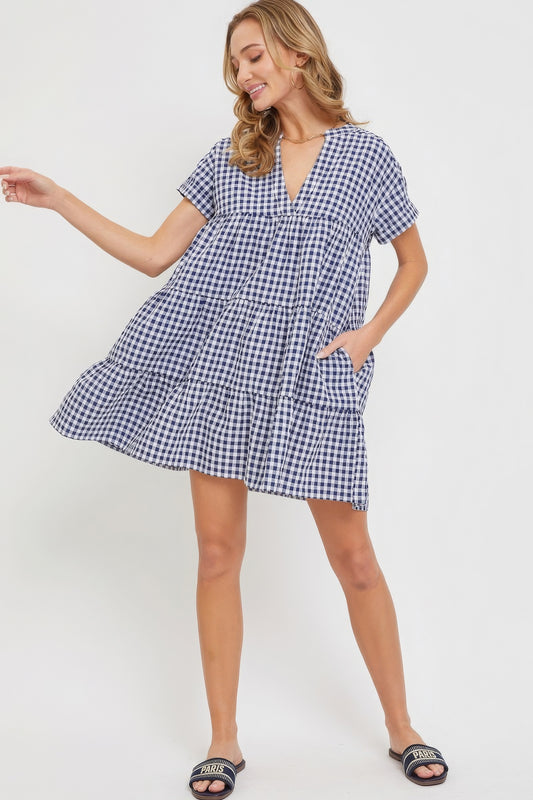 Ella's V-Neck Babydoll Gingham Mini Dress Blue Zone Planet