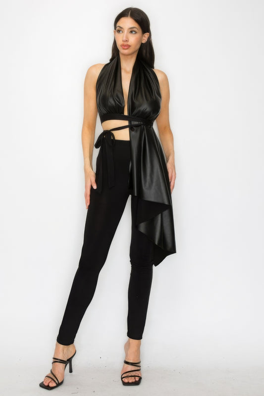 Bella's Faux Leather Halter Top and Asymmetrical Pants Set Blue Zone Planet