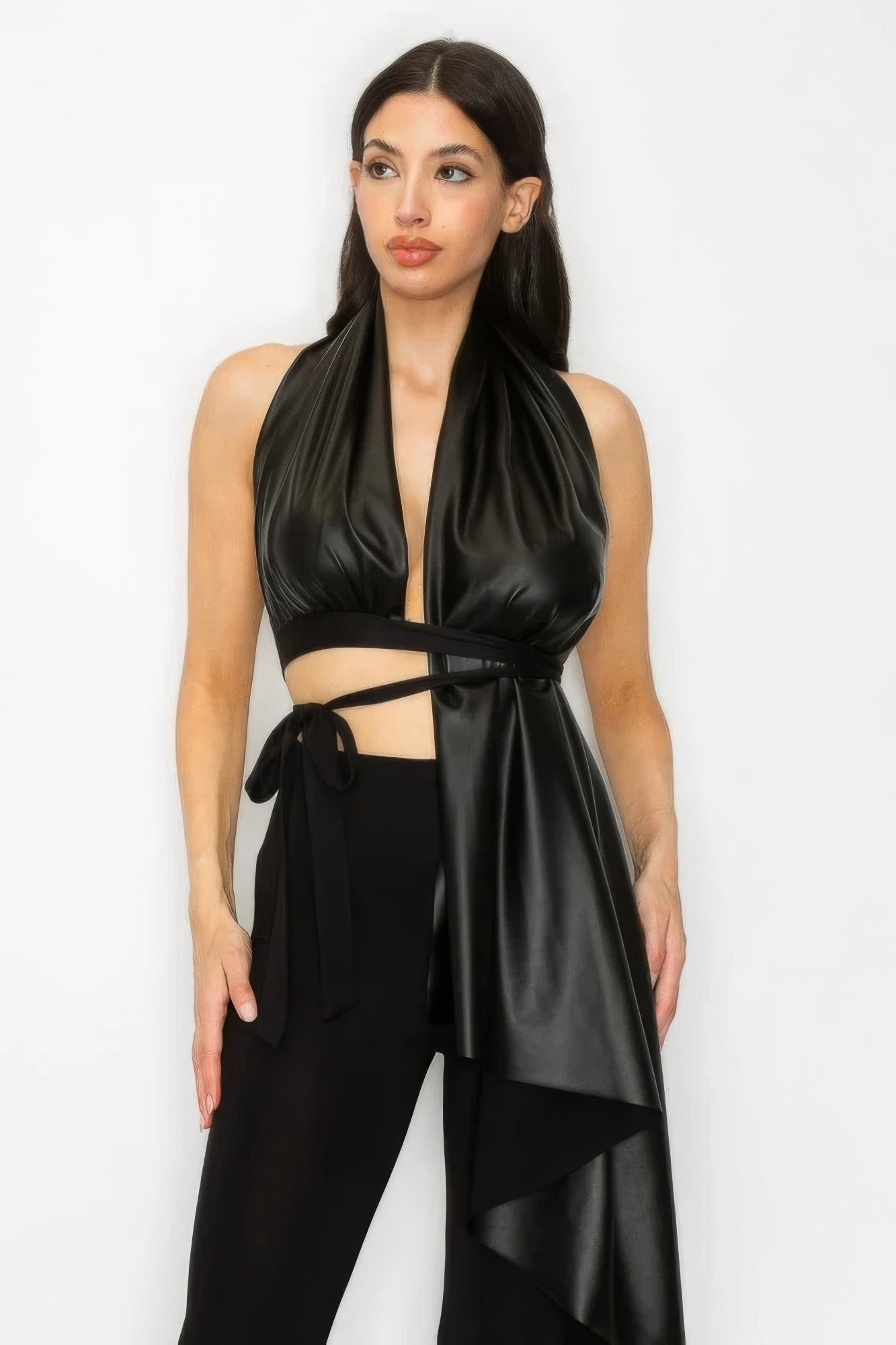 Bella's Faux Leather Halter Top and Asymmetrical Pants Set Blue Zone Planet