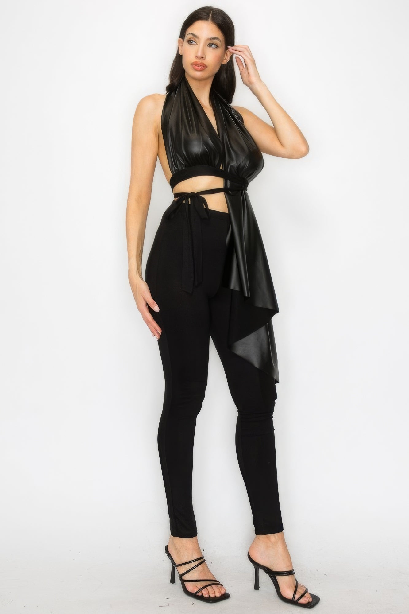 Bella's Faux Leather Halter Top and Asymmetrical Pants Set Blue Zone Planet