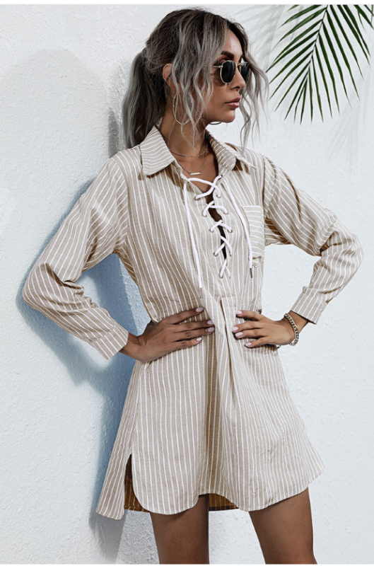 Lapel Lapel Striped Mid-Long Shirt kakaclo