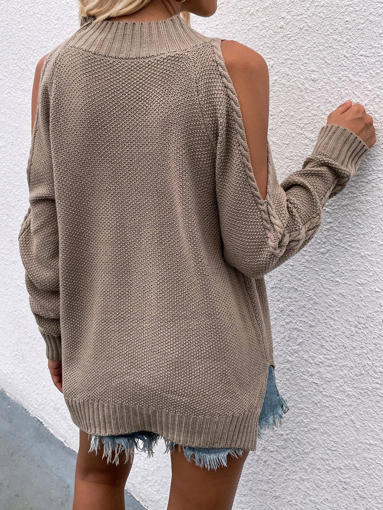 Cable-Knit Cold Shoulder Sweater BLUE ZONE PLANET