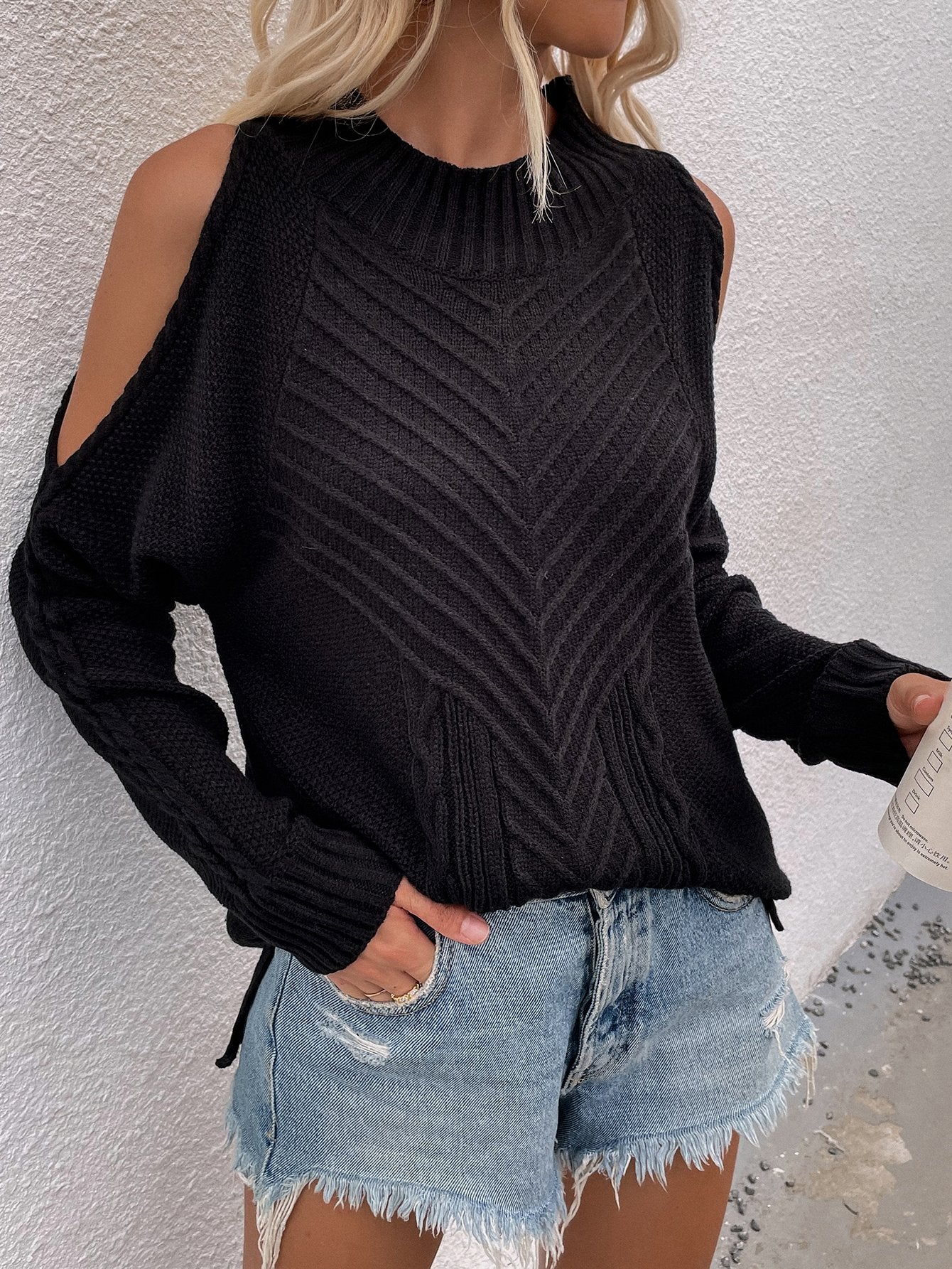 Cable-Knit Cold Shoulder Sweater-TOPS / DRESSES-[Adult]-[Female]-Blue Zone Planet
