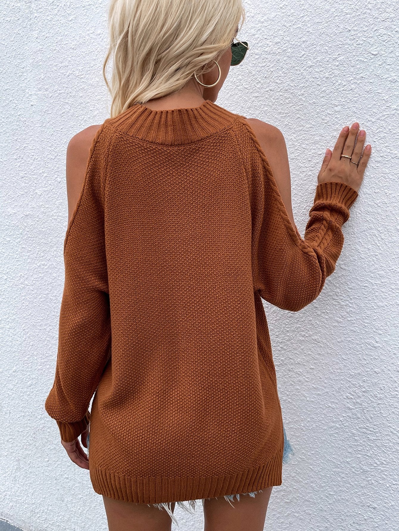 Cable-Knit Cold Shoulder Sweater BLUE ZONE PLANET