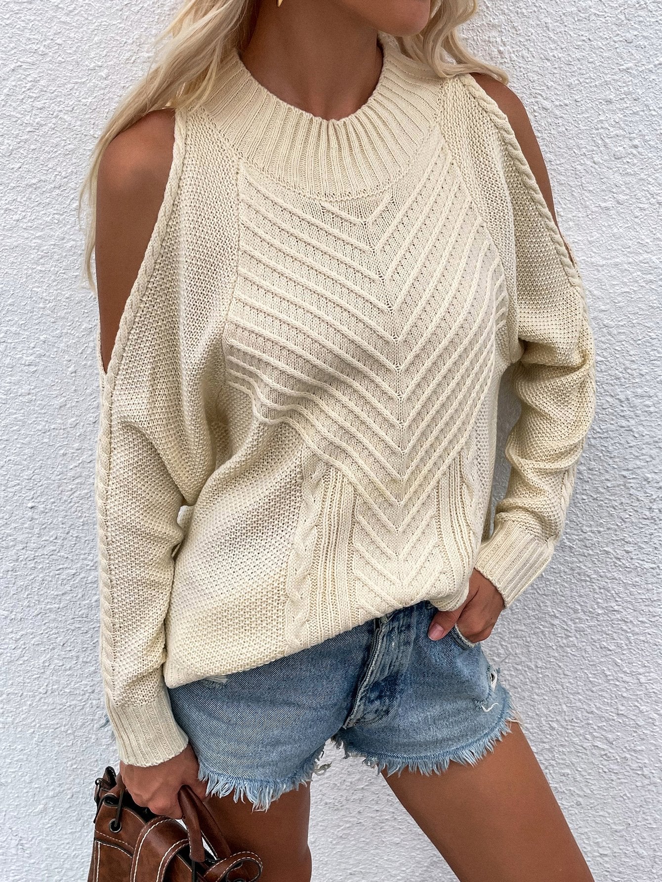 Cable-Knit Cold Shoulder Sweater-TOPS / DRESSES-[Adult]-[Female]-Cream-S-Blue Zone Planet