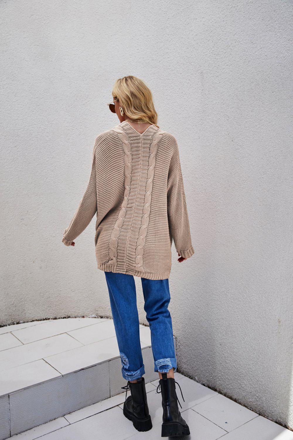 Cable-Knit Curved Hem Open Front Cardigan BLUE ZONE PLANET