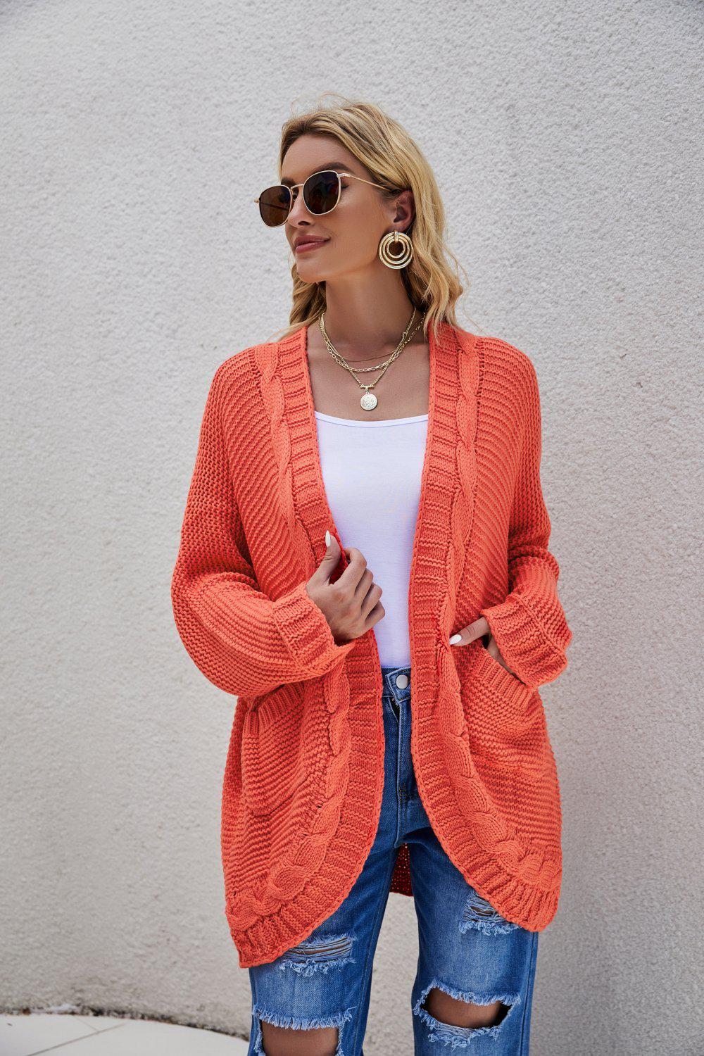 Cable-Knit Curved Hem Open Front Cardigan-TOPS / DRESSES-[Adult]-[Female]-Orange-S-Blue Zone Planet