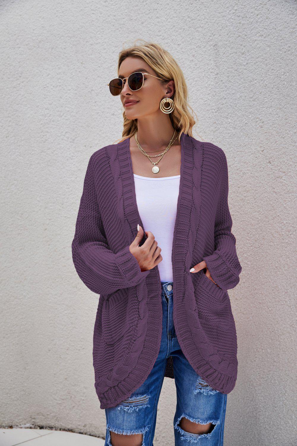 Cable-Knit Curved Hem Open Front Cardigan-TOPS / DRESSES-[Adult]-[Female]-Purple-S-Blue Zone Planet