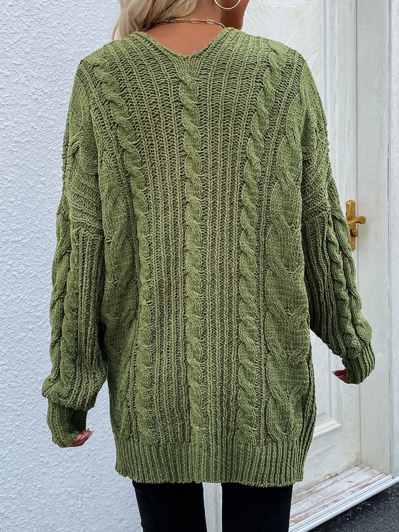 Cable-Knit Open Front Cardigan with Front Pockets BLUE ZONE PLANET