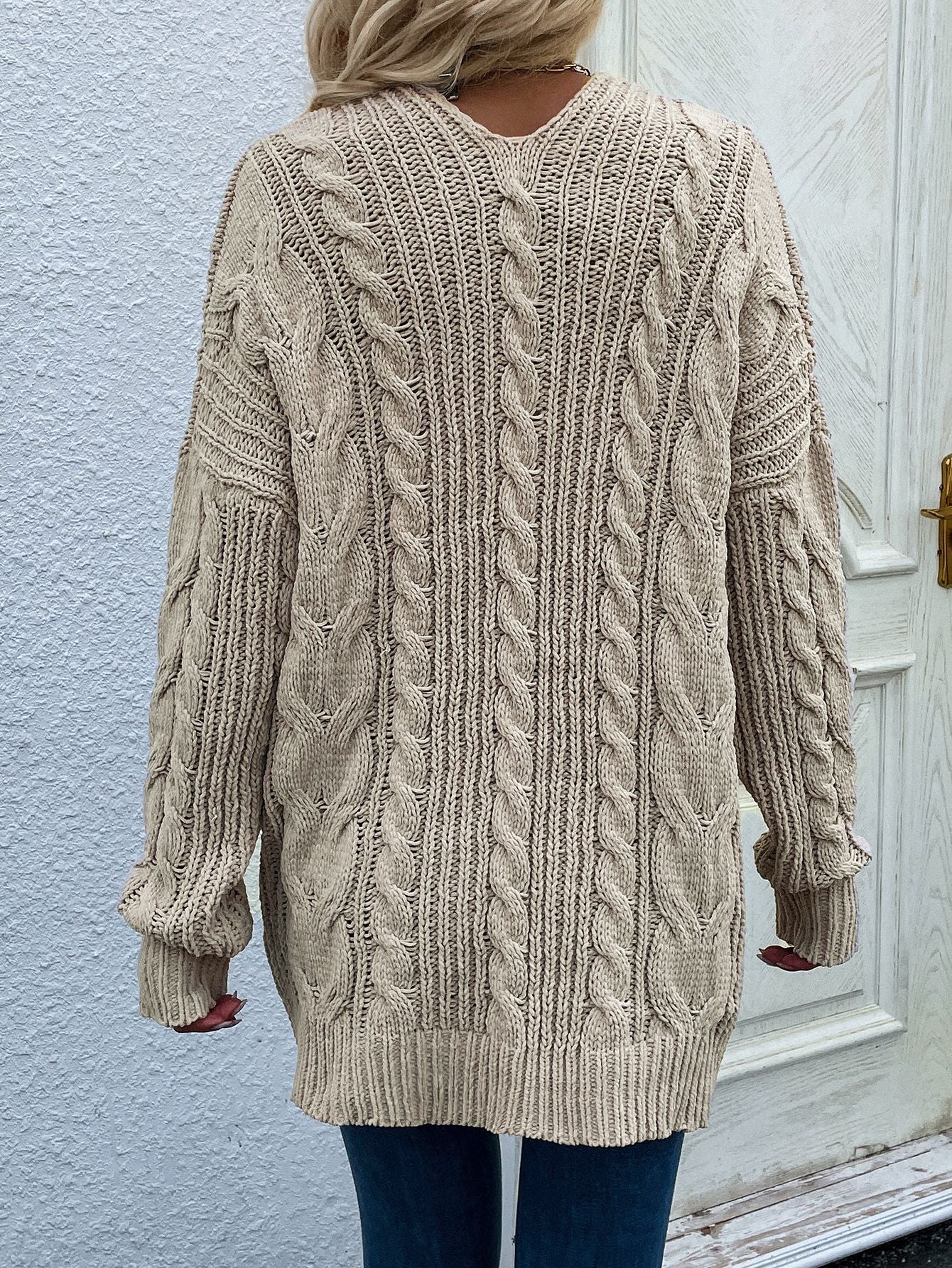 Cable-Knit Open Front Cardigan with Front Pockets BLUE ZONE PLANET