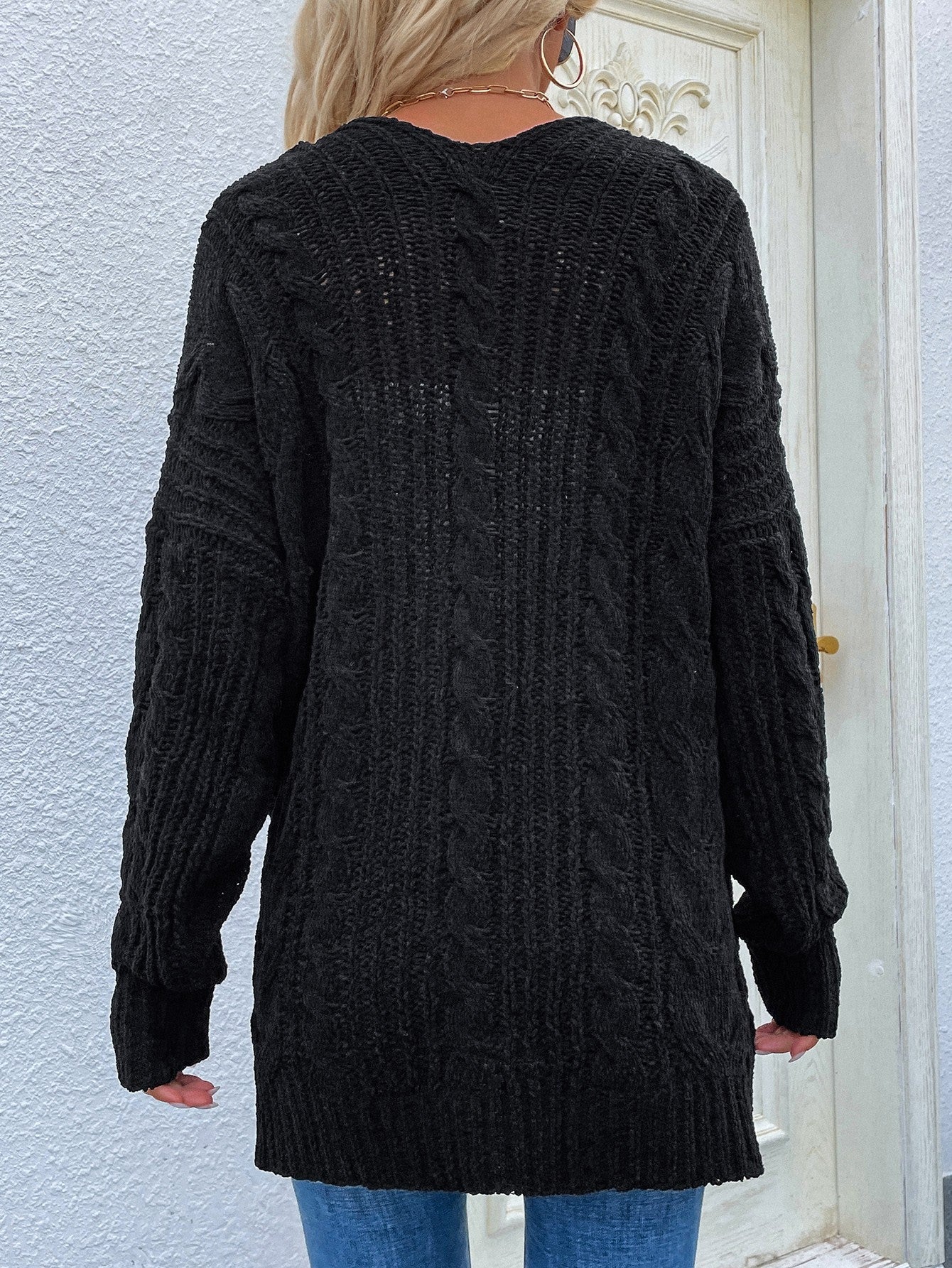 Cable-Knit Open Front Cardigan with Front Pockets BLUE ZONE PLANET