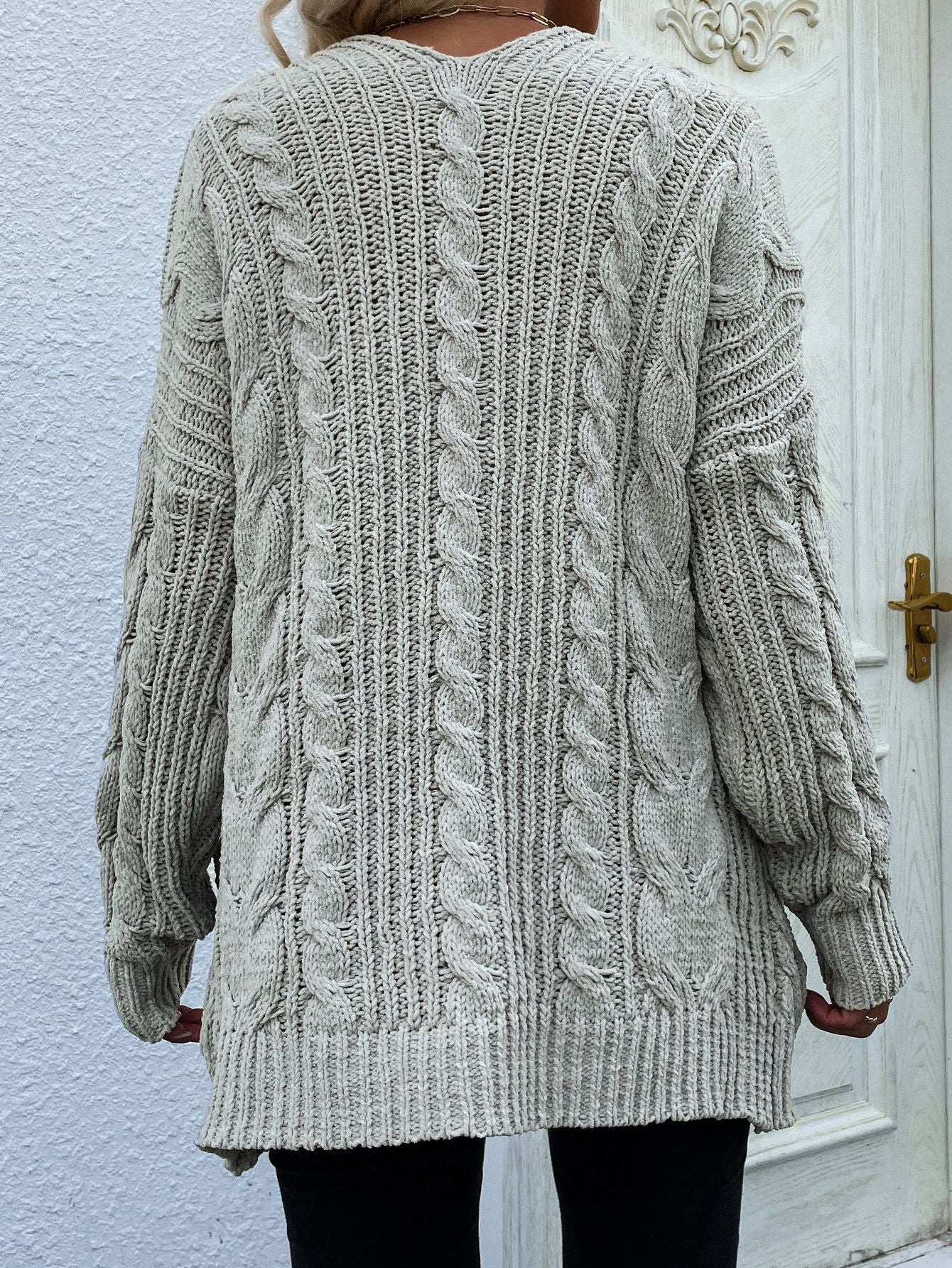 Cable-Knit Open Front Cardigan with Front Pockets BLUE ZONE PLANET