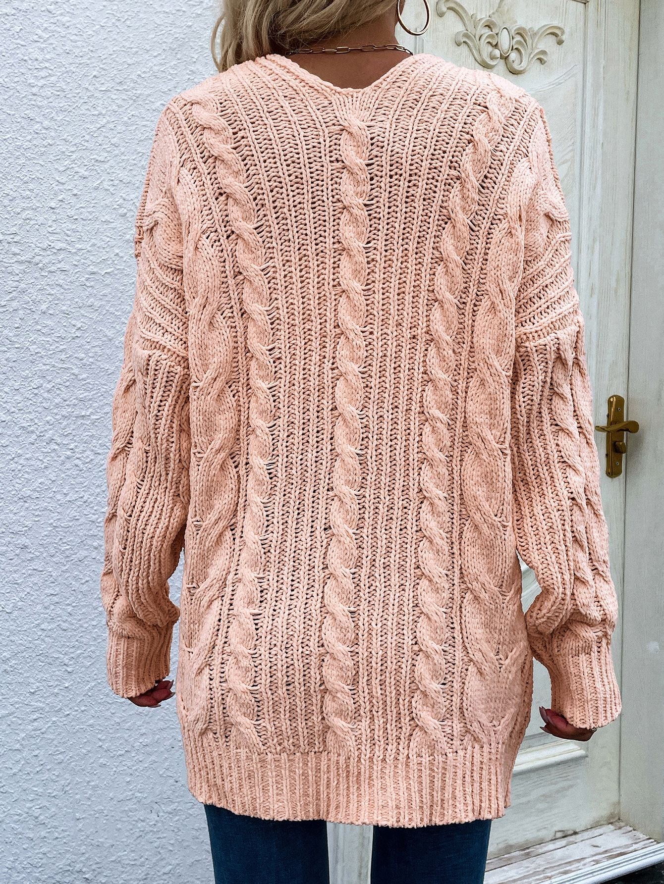 Cable-Knit Open Front Cardigan with Front Pockets BLUE ZONE PLANET