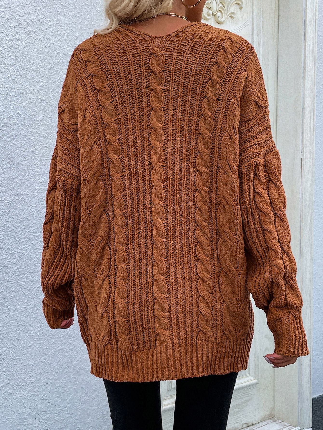 Cable-Knit Open Front Cardigan with Front Pockets BLUE ZONE PLANET