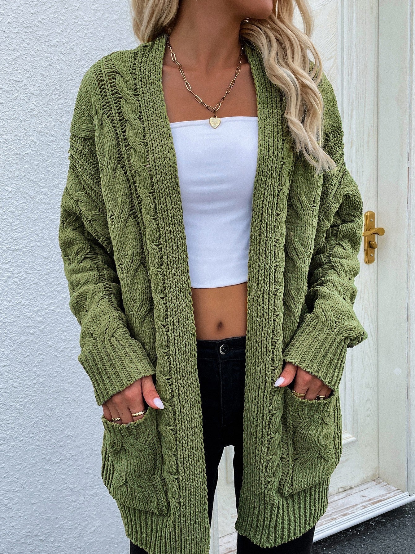 Cable-Knit Open Front Cardigan with Front Pockets BLUE ZONE PLANET