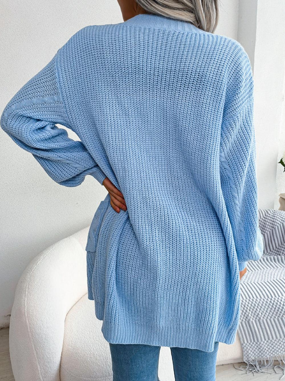 Cable-Knit Open Front Pocketed Cardigan BLUE ZONE PLANET