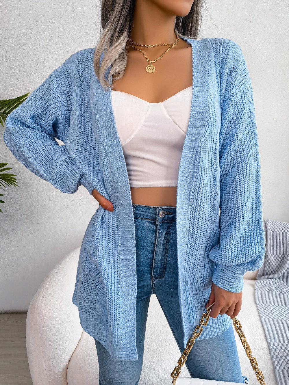 Cable-Knit Open Front Pocketed Cardigan BLUE ZONE PLANET