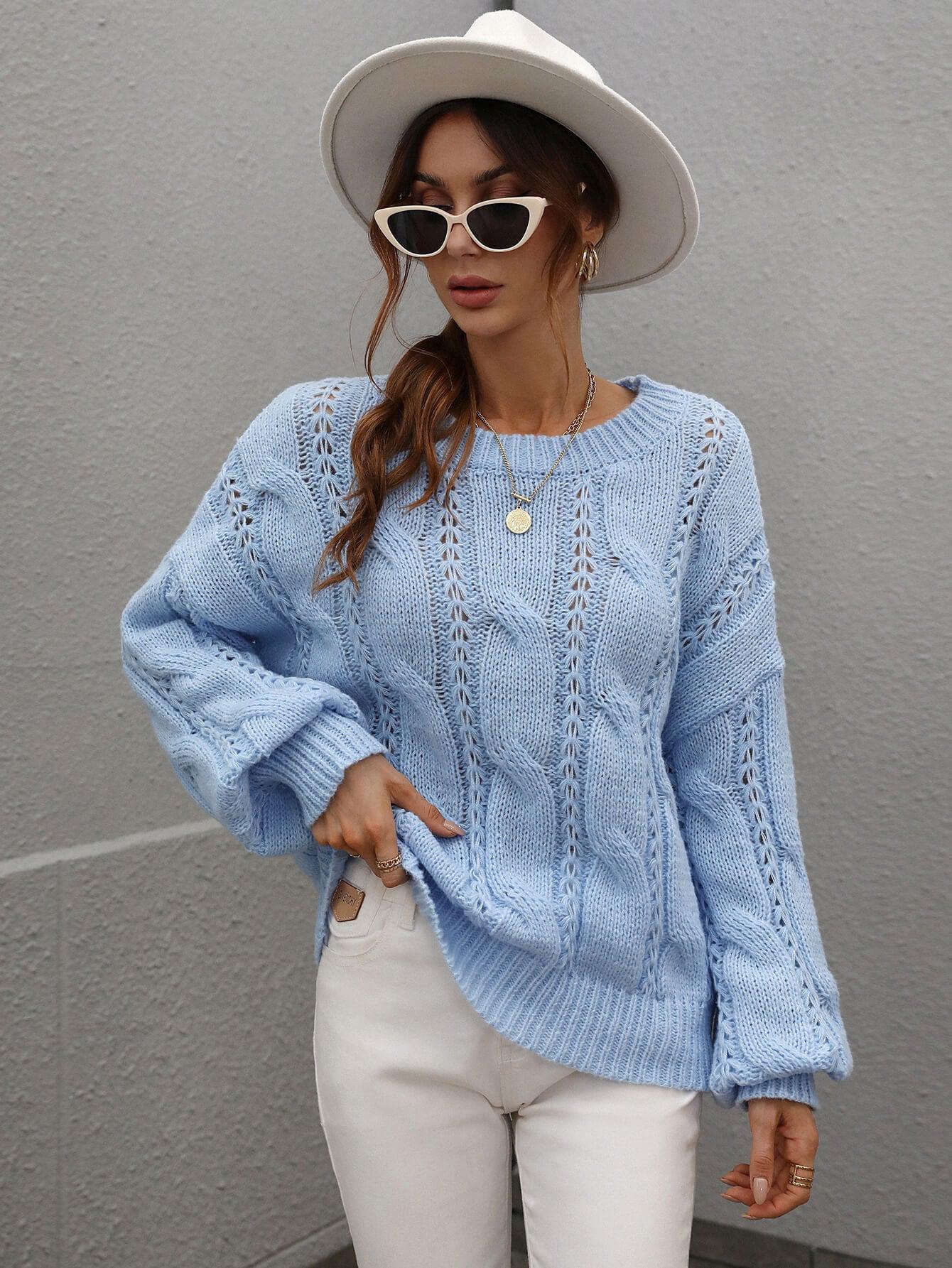 Cable-Knit Openwork Round Neck Sweater BLUE ZONE PLANET