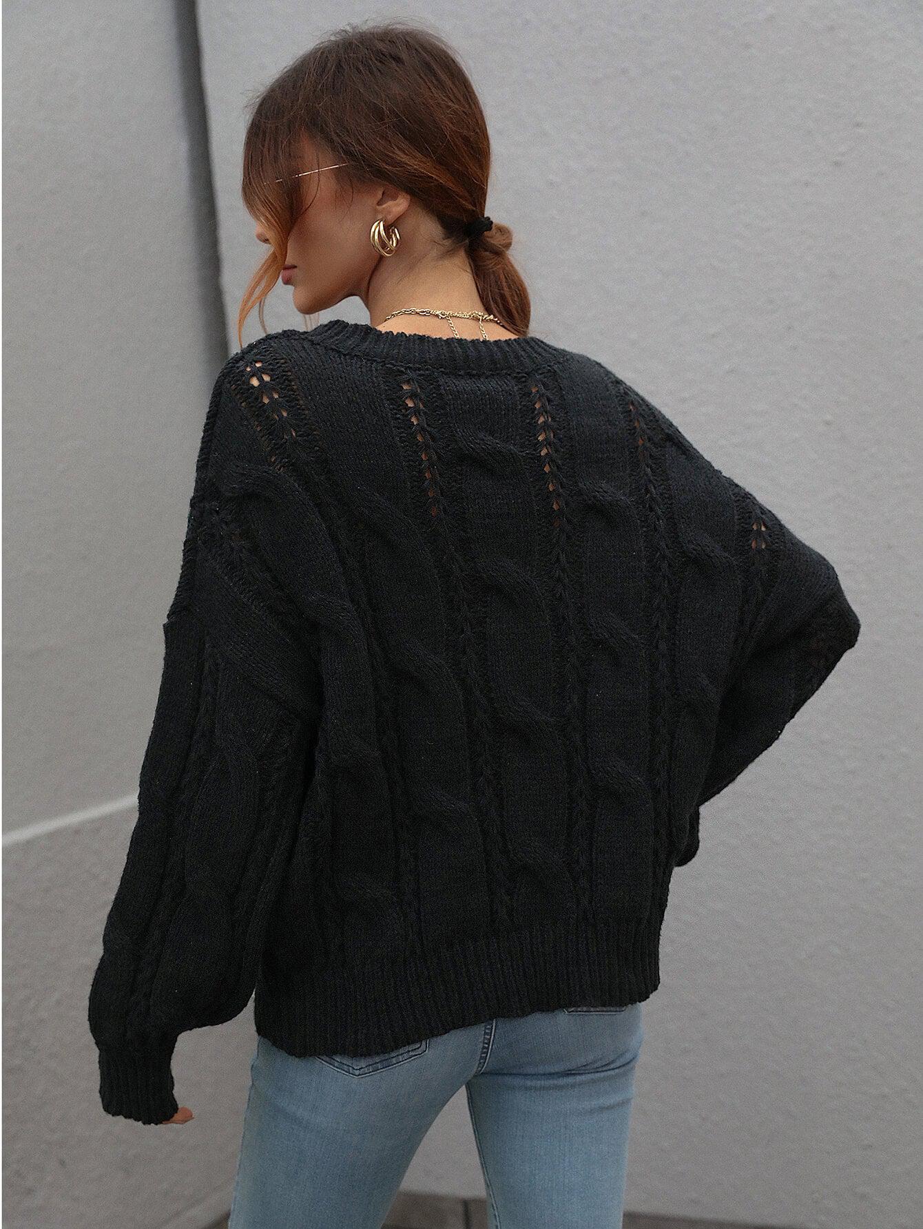 Cable-Knit Openwork Round Neck Sweater BLUE ZONE PLANET
