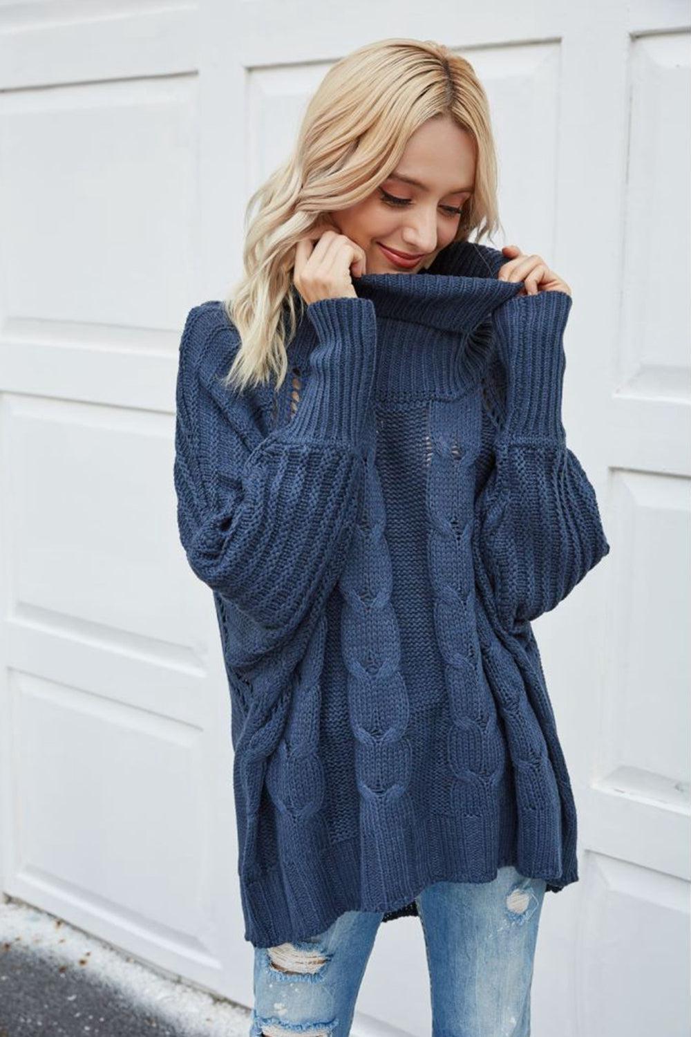 Cable-Knit Openwork Turtleneck Sweater BLUE ZONE PLANET