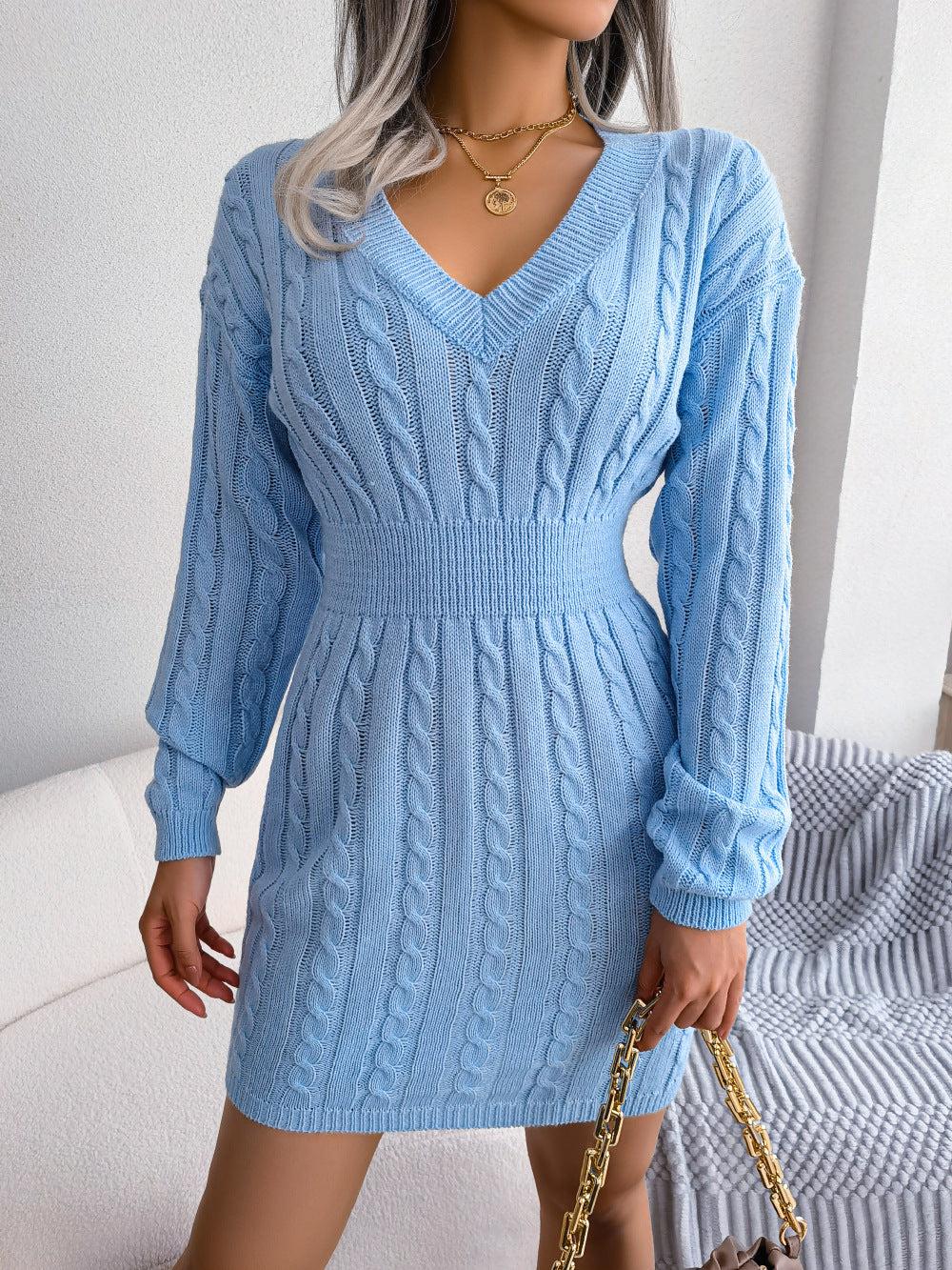 Cable-Knit V-Neck Mini Sweater Dress BLUE ZONE PLANET