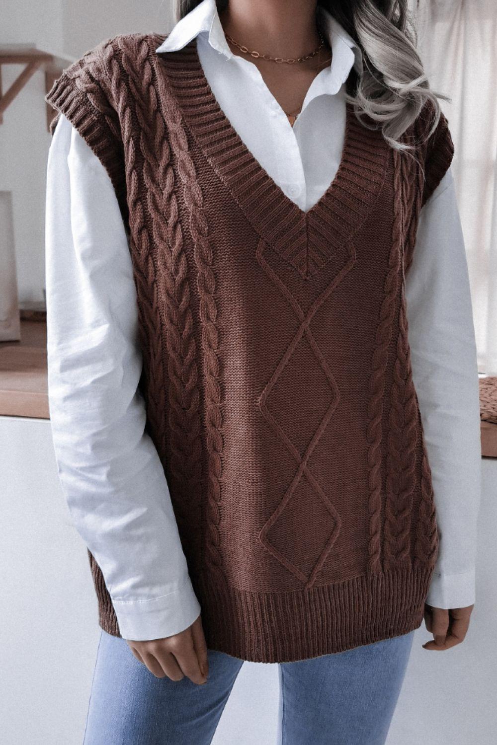 Cable-Knit V-Neck Sweater Vest-TOPS / DRESSES-[Adult]-[Female]-2022 Online Blue Zone Planet