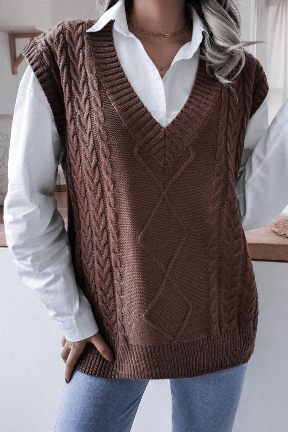 Cable-Knit V-Neck Sweater Vest-TOPS / DRESSES-[Adult]-[Female]-Brown-S-2022 Online Blue Zone Planet