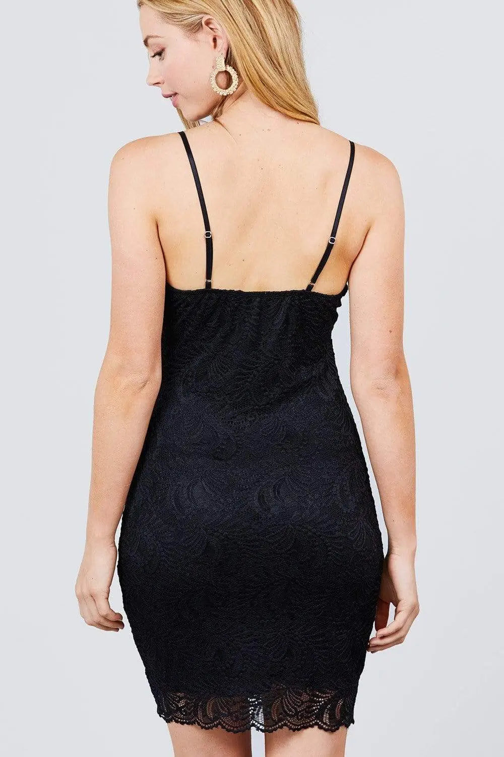 Cami Straps Round Neck Bottom Scallop Detail Bodycon Lace Dress Blue Zone Planet