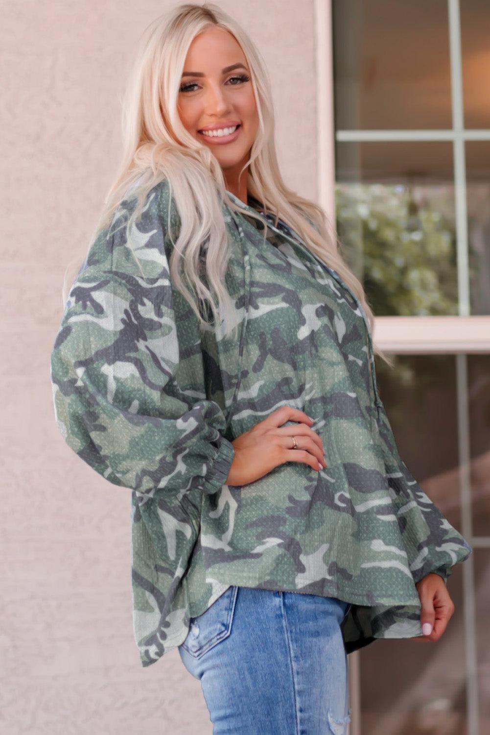 Camouflage Buttoned Dropped Shoulder Hoodie BLUE ZONE PLANET