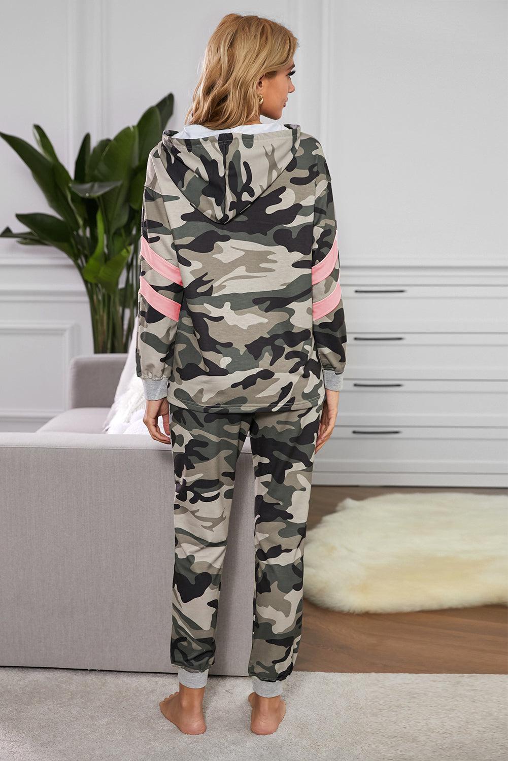 Camouflage Contrast Detail Hoodie and Joggers Lounge Set-Tops / Dresses-[Adult]-[Female]-2022 Online Blue Zone Planet