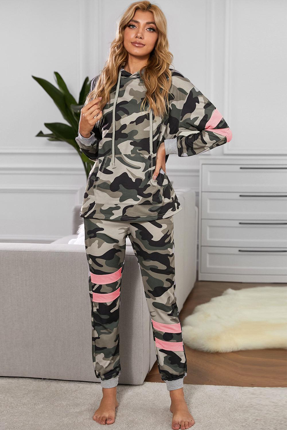 Camouflage Contrast Detail Hoodie and Joggers Lounge Set-Tops / Dresses-[Adult]-[Female]-Camouflage-S-2022 Online Blue Zone Planet