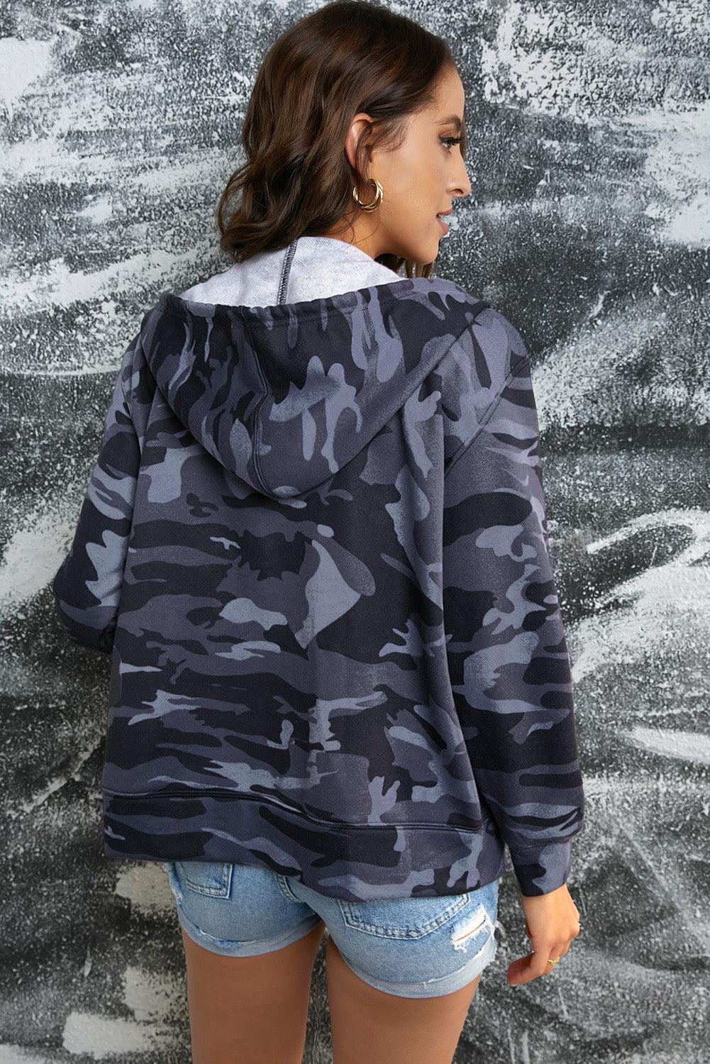Camouflage Drawstring Detail Zip Up Hooded Jacket BLUE ZONE PLANET