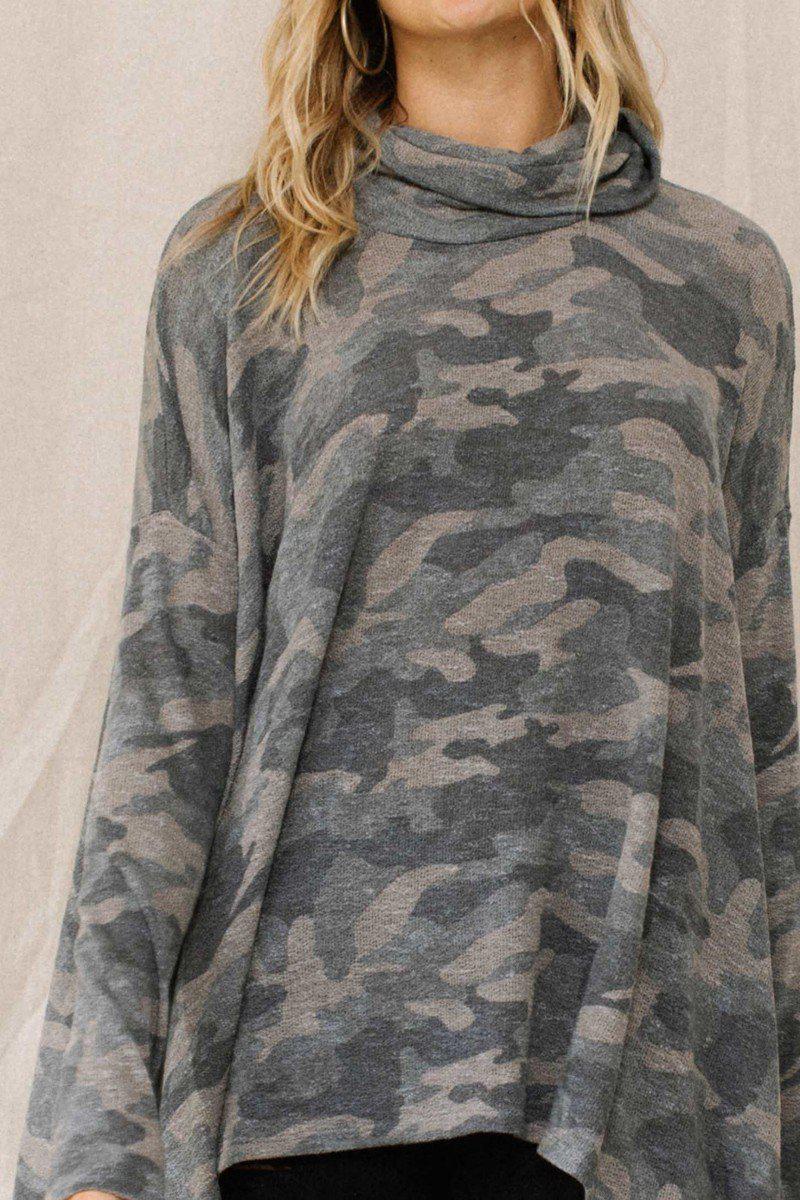 Camouflage Printed Turtleneck Top-[Adult]-[Female]-Blue Zone Planet