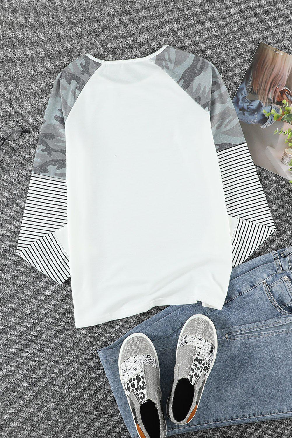 Camouflage and Stripe Print Raglan Top-TOPS / DRESSES (TRENDSI)-[Adult]-[Female]-Blue Zone Planet