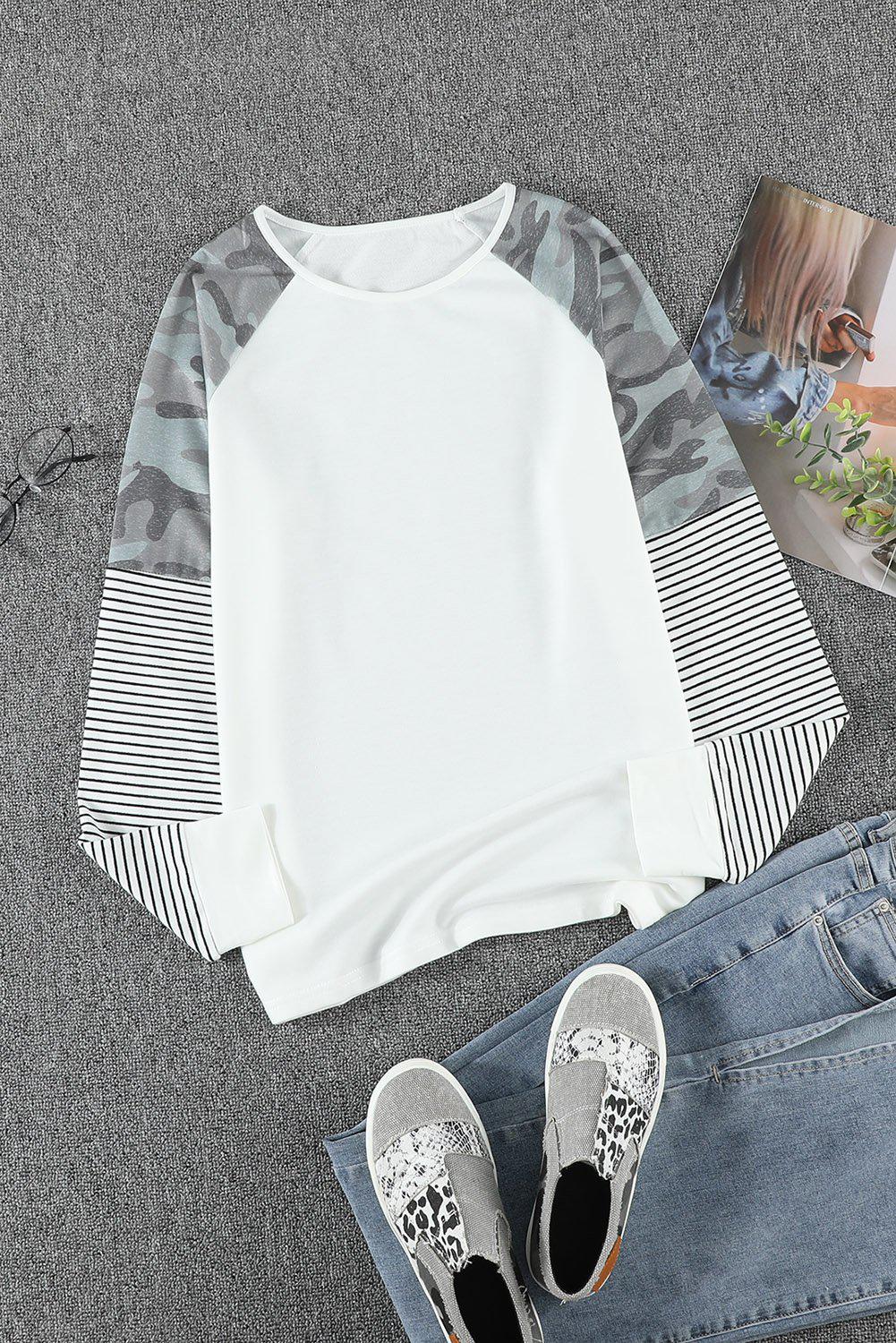 Camouflage and Stripe Print Raglan Top-TOPS / DRESSES (TRENDSI)-[Adult]-[Female]-White-S-Blue Zone Planet