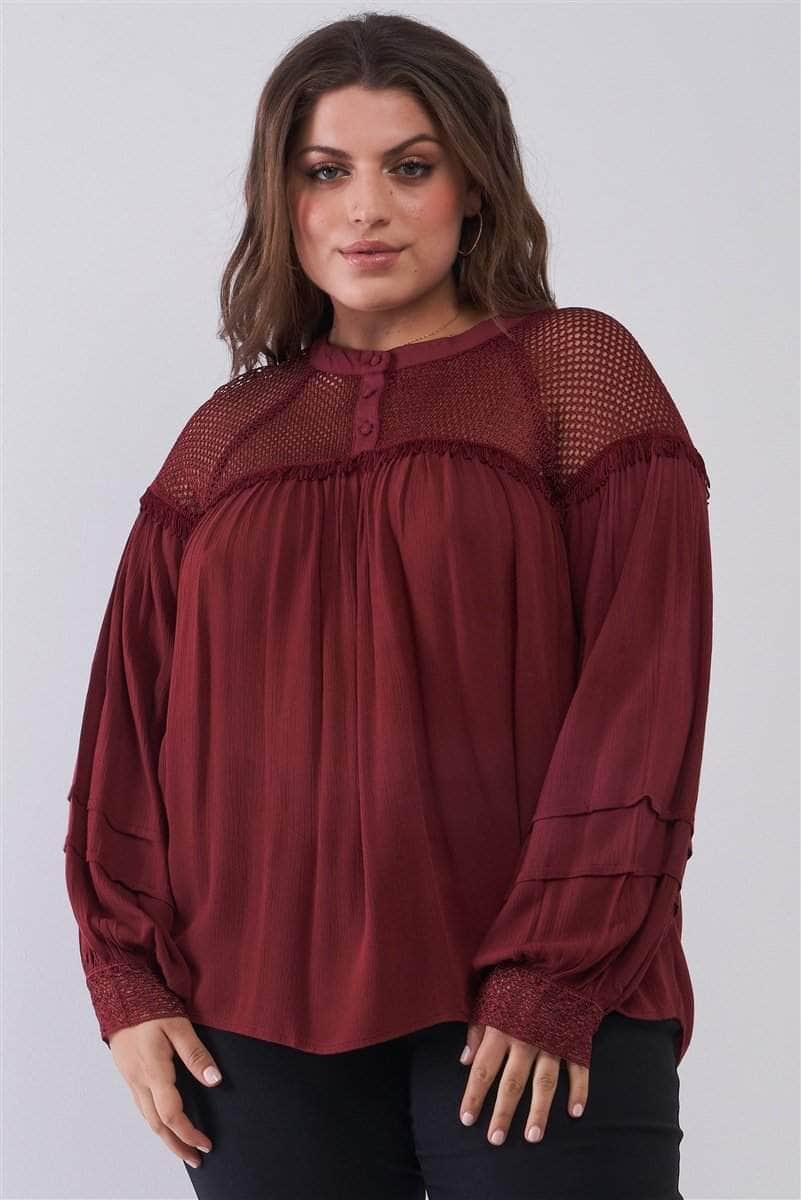 Can't Pass It Buy Boho Balloon Sleeve Top-TOPS / DRESSES-[Adult]-[Female]-Burgundy-1XL-Blue Zone Planet
