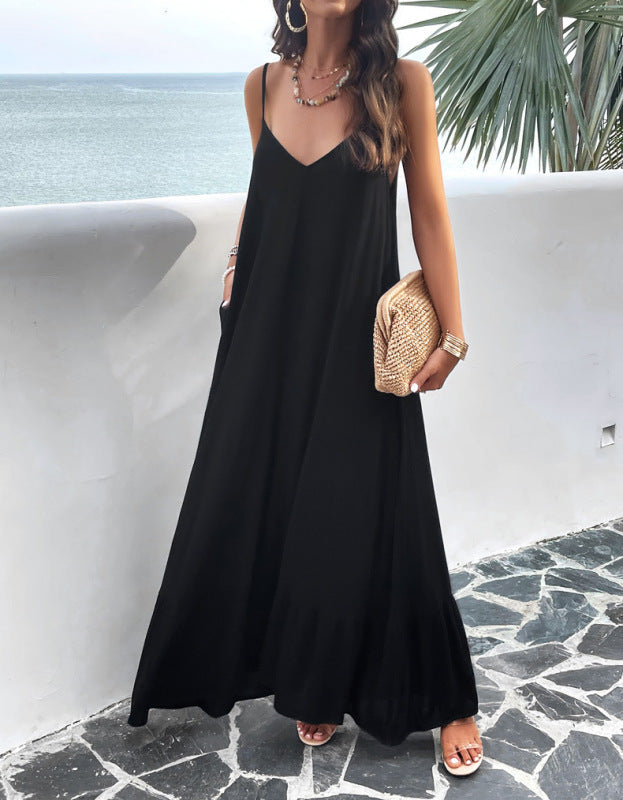 Elegant solid color loose spaghetti strap maxi dress kakaclo