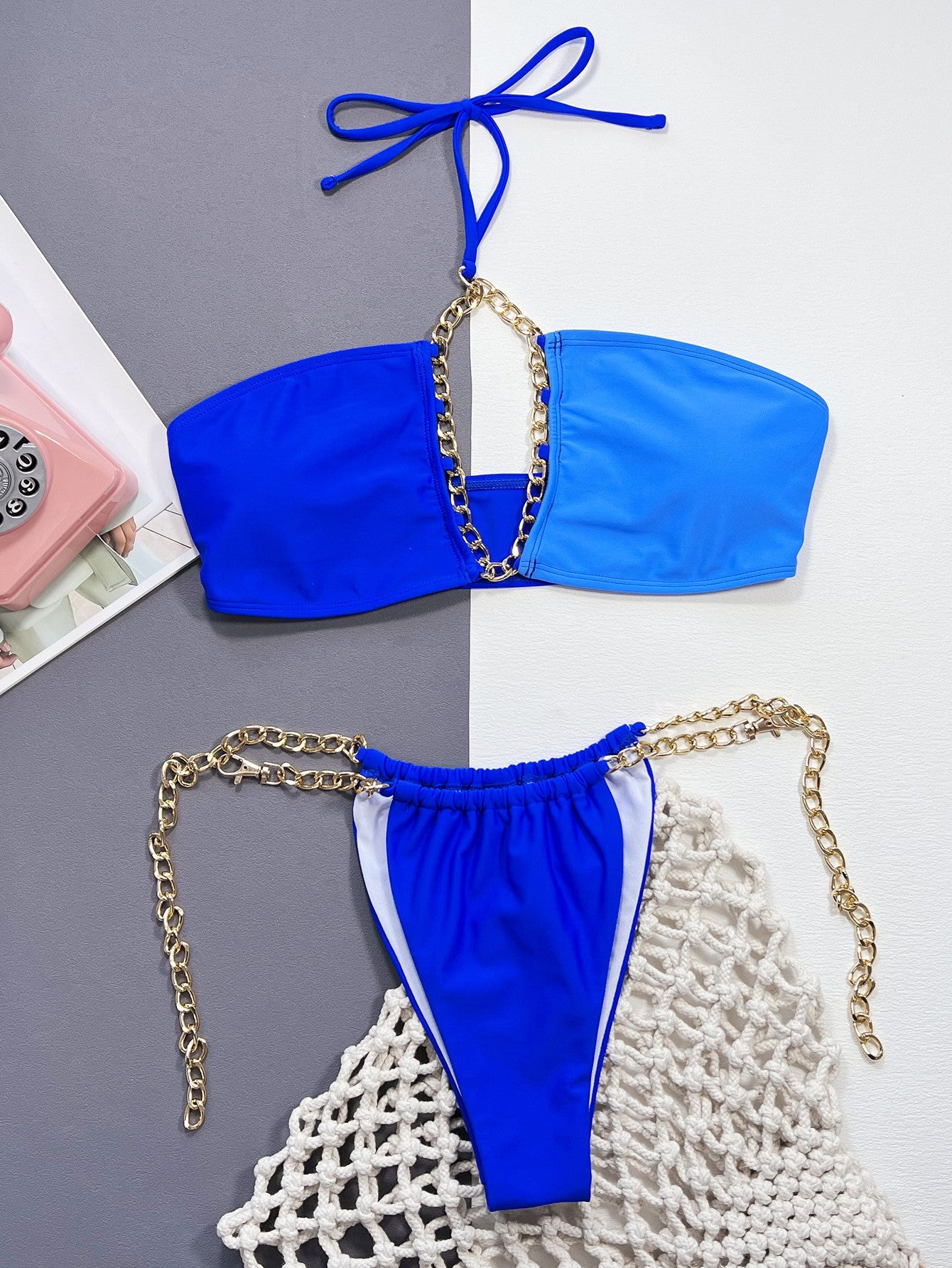 Chain Detail Halter Neck Bikini Set BLUE ZONE PLANET