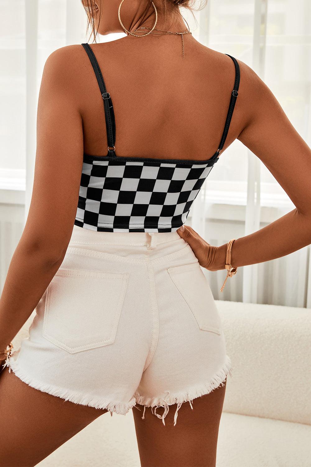 Checkered Adjustable Strap Cropped Cami BLUE ZONE PLANET