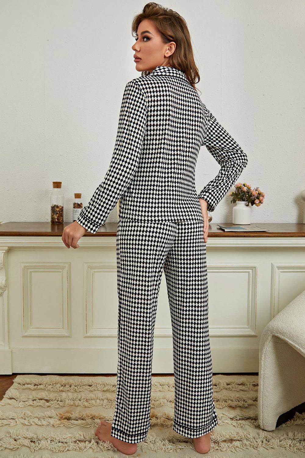 Checkered Button Front Top and Pants Loungewear Set BLUE ZONE PLANET