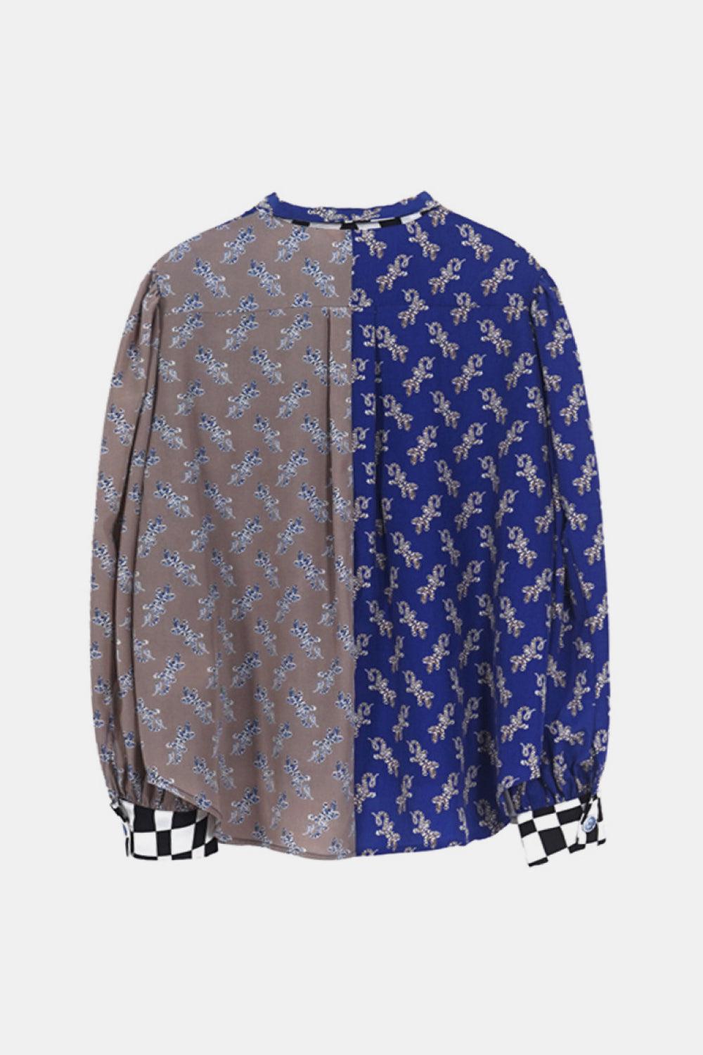 Checkered Frill Trim Pocket Puff Sleeve Shirt-TOPS / DRESSES-[Adult]-[Female]-Indigo/Peach-One Size-Blue Zone Planet