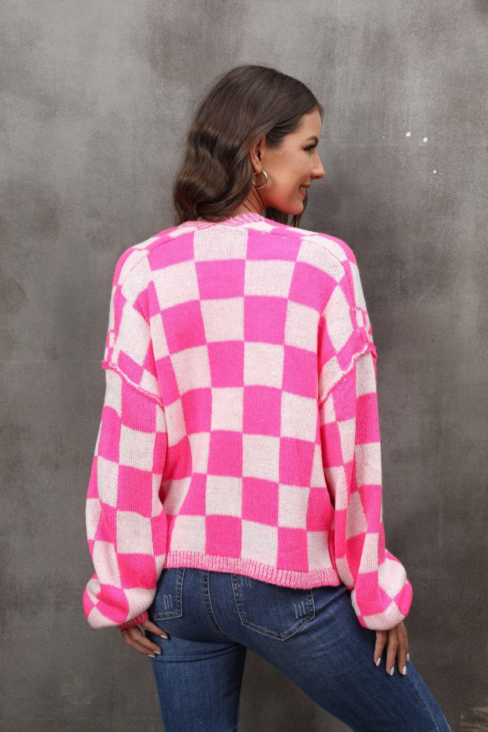 Checkered Open Front Drop Shoulder Cardigan-TOPS / DRESSES-[Adult]-[Female]-2022 Online Blue Zone Planet